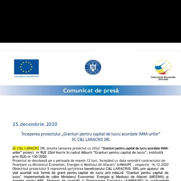 Sc C&L LARACRIS srl incepe proiect " Grant capital de lucru"