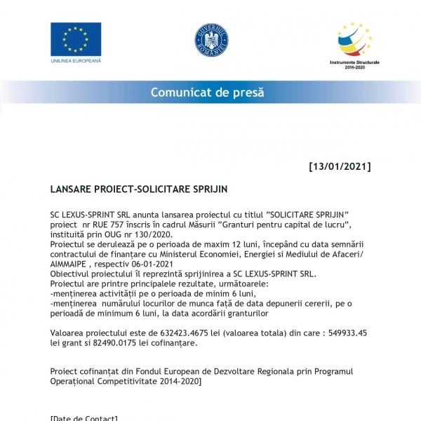 LANSARE PROIECT-SOLICITARE SPRIJIN.SPRIJINUL A FOST ACCESAT IN CADRUL MASURII GRANTURI PENTRU CAPITAL DE LUCRU INSTITUITA PRIN OUG NR 130/2020