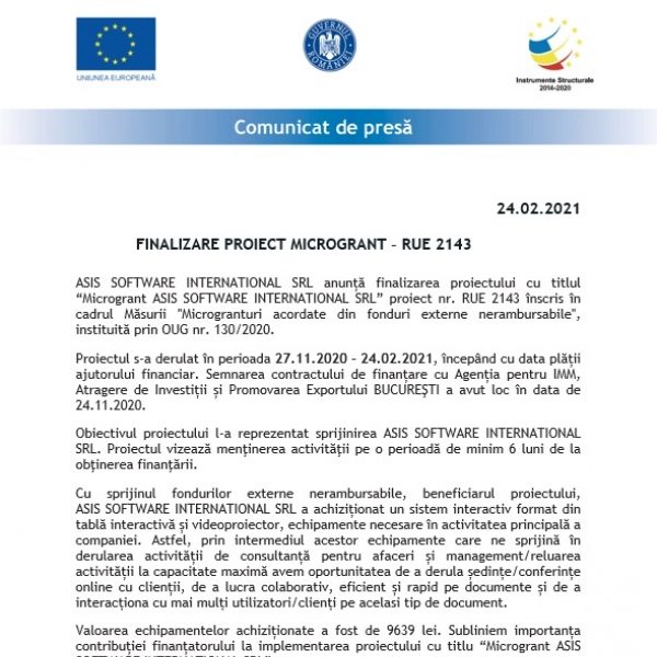 FINALIZARE PROIECT MICROGRANT – RUE 2143