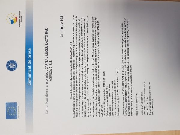 Comunicat demarare proiect CAPITAL LUCRU LACTO BAR AGNEZA S.R.L