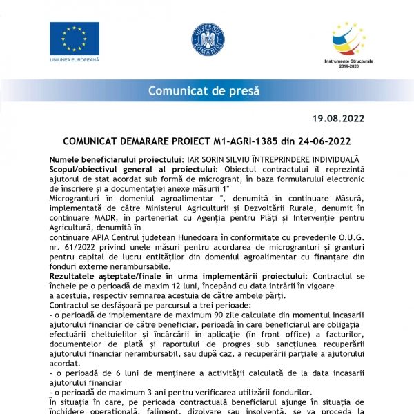 DEMARARE PROIECT M1-AGRI-1385 din 24-06-2022