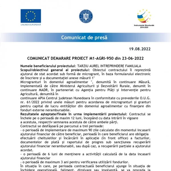 DEMARARE PROIECT M1-AGRI-950 din 23-06-2022