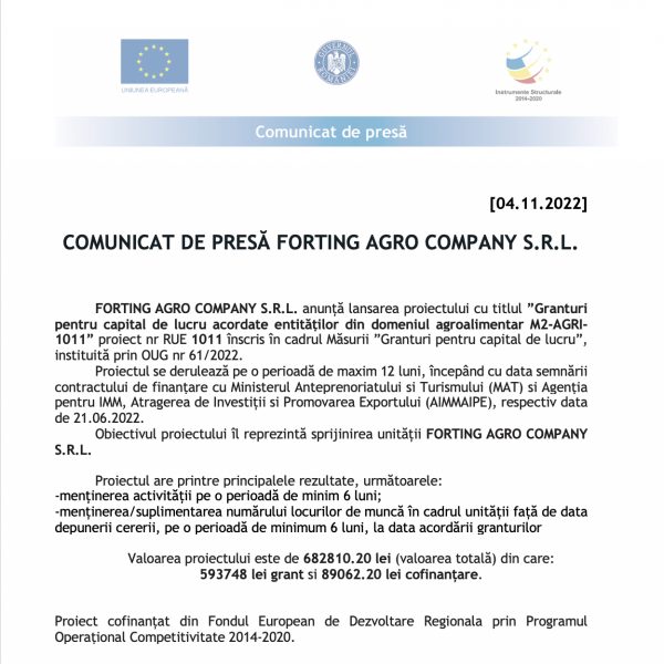 COMUNICAT DE PRESĂ FORTING AGRO COMPANY S.R.L.