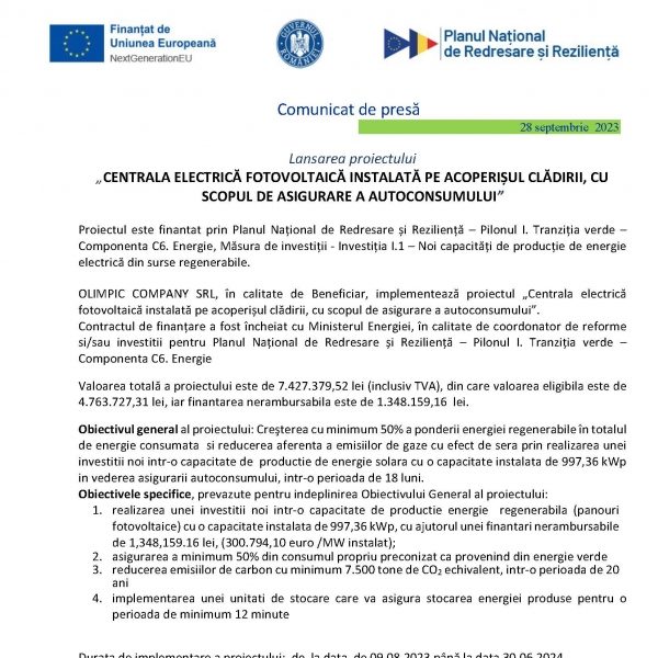 Lansarea proiectului  „CENTRALA ELECTRICĂ FOTOVOLTAICĂ INSTALATĂ PE ACOPERIȘUL CLĂDIRII, CU SCOPUL DE ASIGURARE A AUTOCONSUMULUI” 