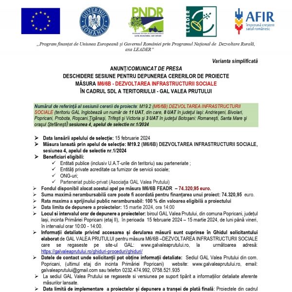 COMUNICAT DE PRESA - DESCHIDERE SESIUNE APEL M6/6B GAL VALEA PRUTULUI 
