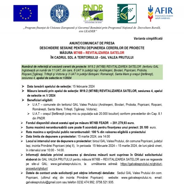 DESCHIDERE SESIUNE APEL M7/6B - GAL VALEA PRUTULUI 