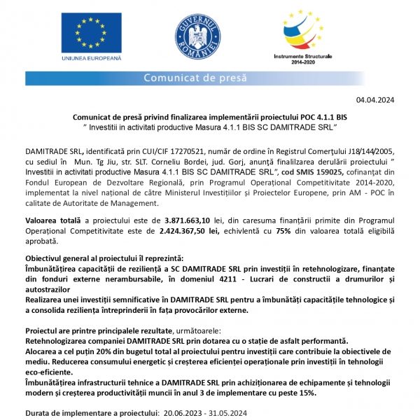 comunicat finalizare proiect