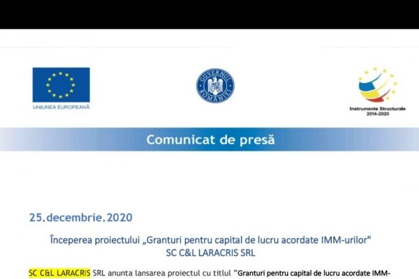 Sc C&L LARACRIS srl incepe proiect " Grant capital de lucru"