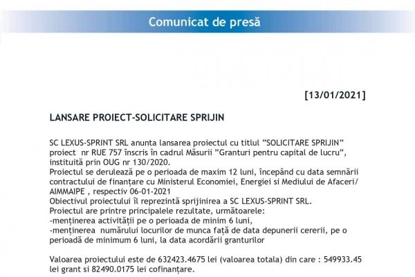 LANSARE PROIECT-SOLICITARE SPRIJIN.SPRIJINUL A FOST ACCESAT IN CADRUL MASURII GRANTURI PENTRU CAPITAL DE LUCRU INSTITUITA PRIN OUG NR 130/2020