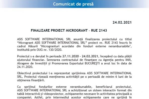 FINALIZARE PROIECT MICROGRANT – RUE 2143