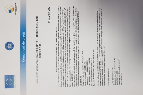 Comunicat demarare proiect CAPITAL LUCRU LACTO BAR AGNEZA S.R.L