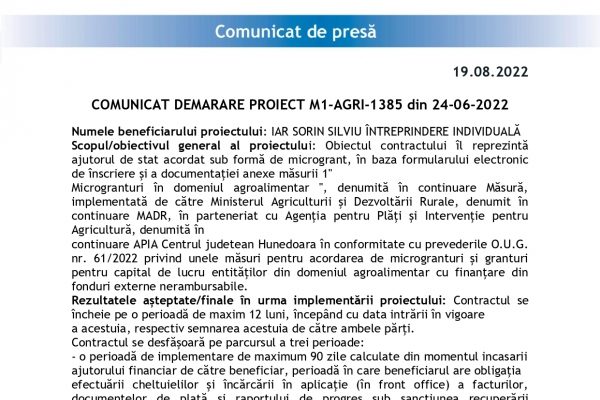 DEMARARE PROIECT M1-AGRI-1385 din 24-06-2022