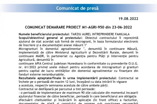 DEMARARE PROIECT M1-AGRI-950 din 23-06-2022