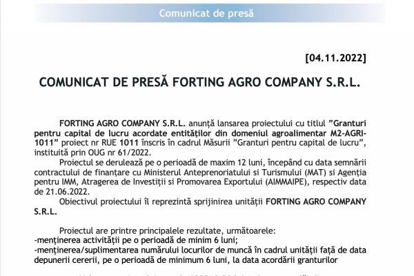COMUNICAT DE PRESĂ FORTING AGRO COMPANY S.R.L.