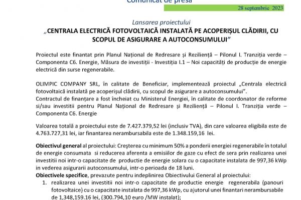 Lansarea proiectului  „CENTRALA ELECTRICĂ FOTOVOLTAICĂ INSTALATĂ PE ACOPERIȘUL CLĂDIRII, CU SCOPUL DE ASIGURARE A AUTOCONSUMULUI” 