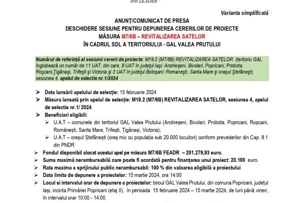  DESCHIDERE SESIUNE APEL M7/6B - GAL VALEA PRUTULUI 