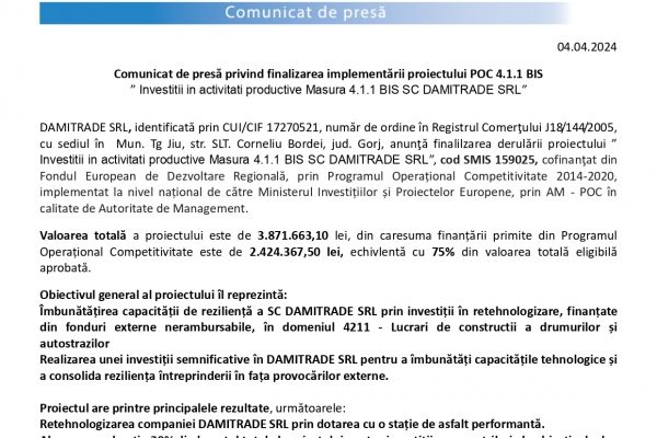 comunicat finalizare proiect